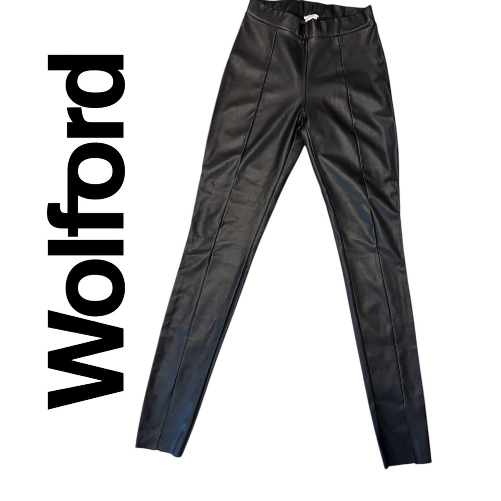 Wolford Black Vegan Leather Leggings with slit front detail